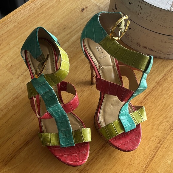 Bakers Shoes - Bakers multicolor croc-embossed leather strappy heels - Pink, Teal & Lime